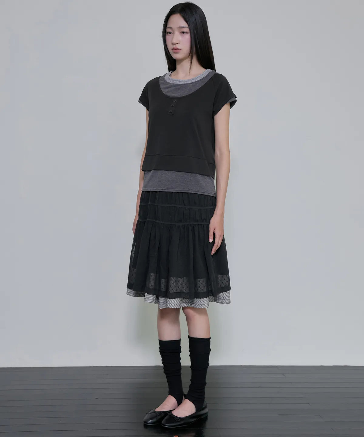【Flare up】3-Layered Henley T-shirt [Black / Gray]