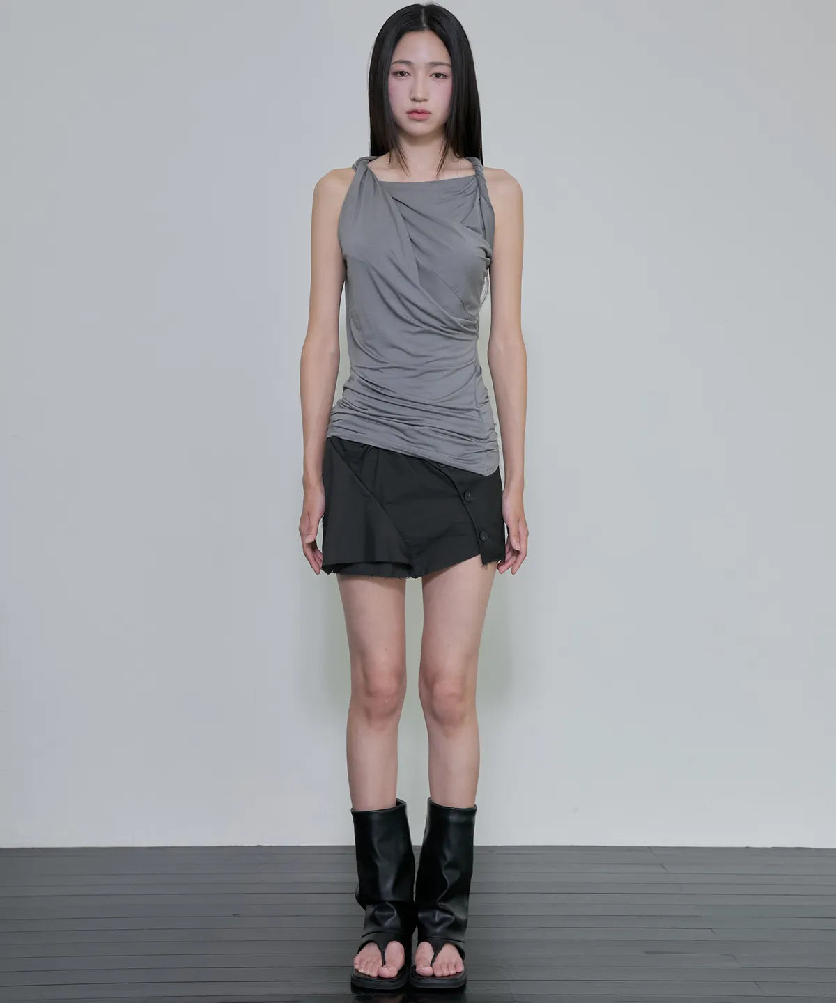 【Flare up】Braided Asymmetrical Sleeveless [Black / White / Gray]