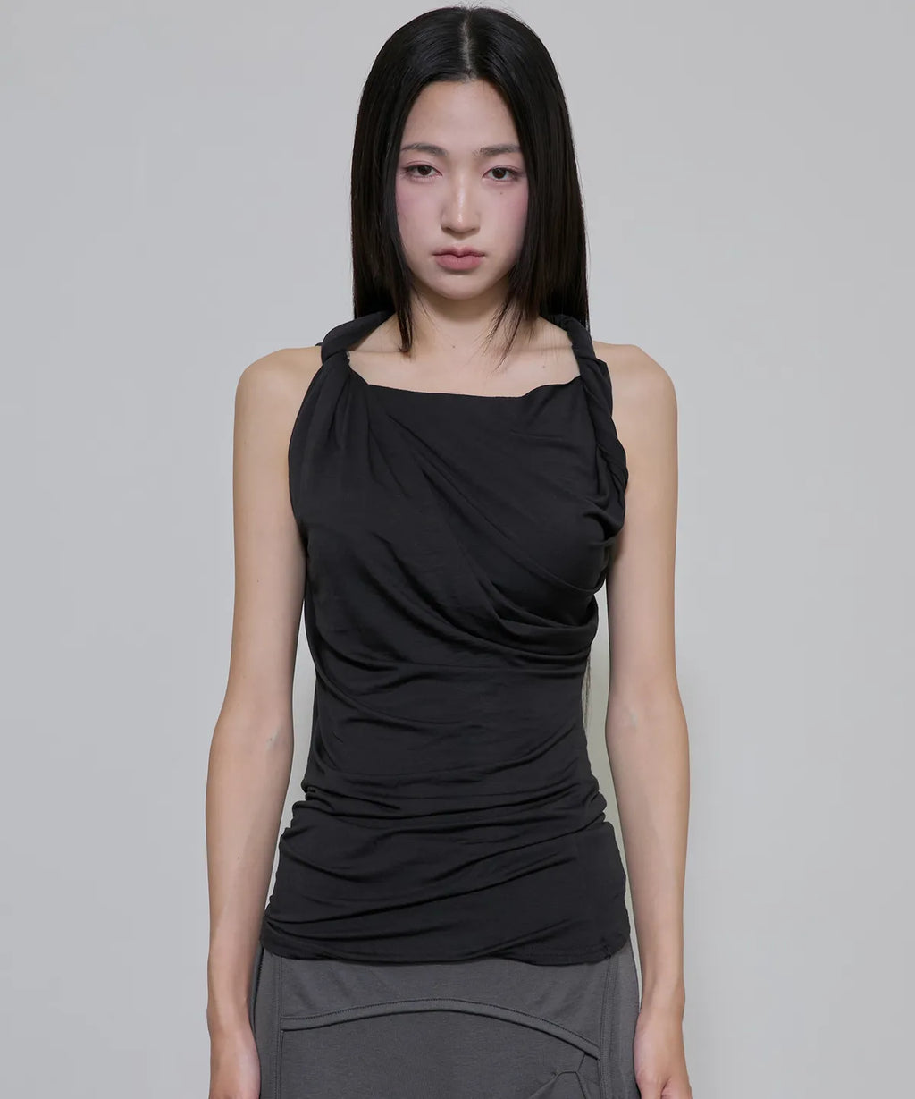【Flare up】Braided Asymmetrical Sleeveless [Black / White / Gray]