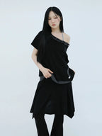 【Uglyshadow】 STRIPE FRILL OFF-SHOULDER [ GREY / NAVY ]