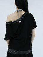 【Uglyshadow】 STRIPE FRILL OFF-SHOULDER [ GREY / NAVY ]