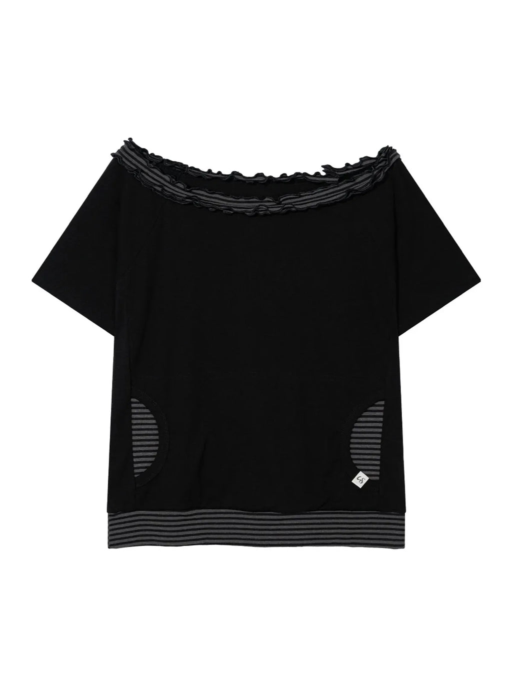 【Uglyshadow】 STRIPE FRILL OFF-SHOULDER [ GREY / NAVY ]