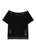 【Uglyshadow】 STRIPE FRILL OFF-SHOULDER [ GREY / NAVY ]