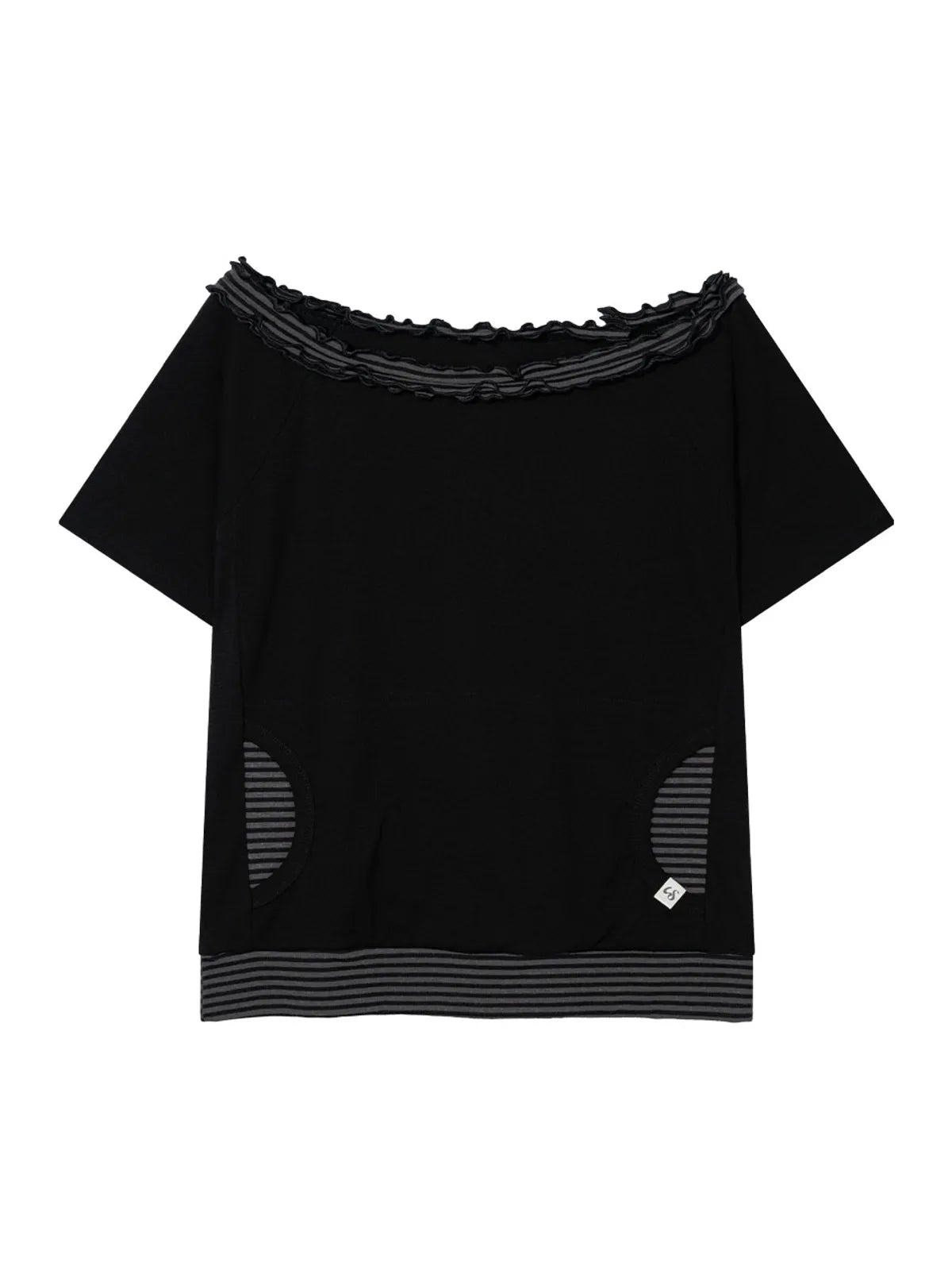 【Uglyshadow】 STRIPE FRILL OFF-SHOULDER [ GREY / NAVY ]