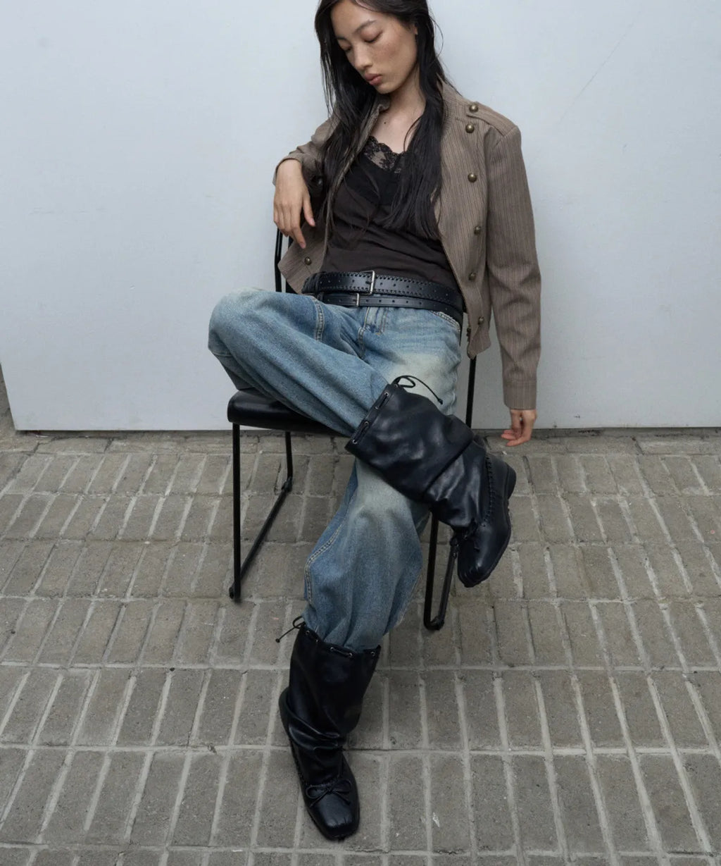 【KHIHO】RIVEL SLOUCHY MID BOOTS [ Black / Brown ]