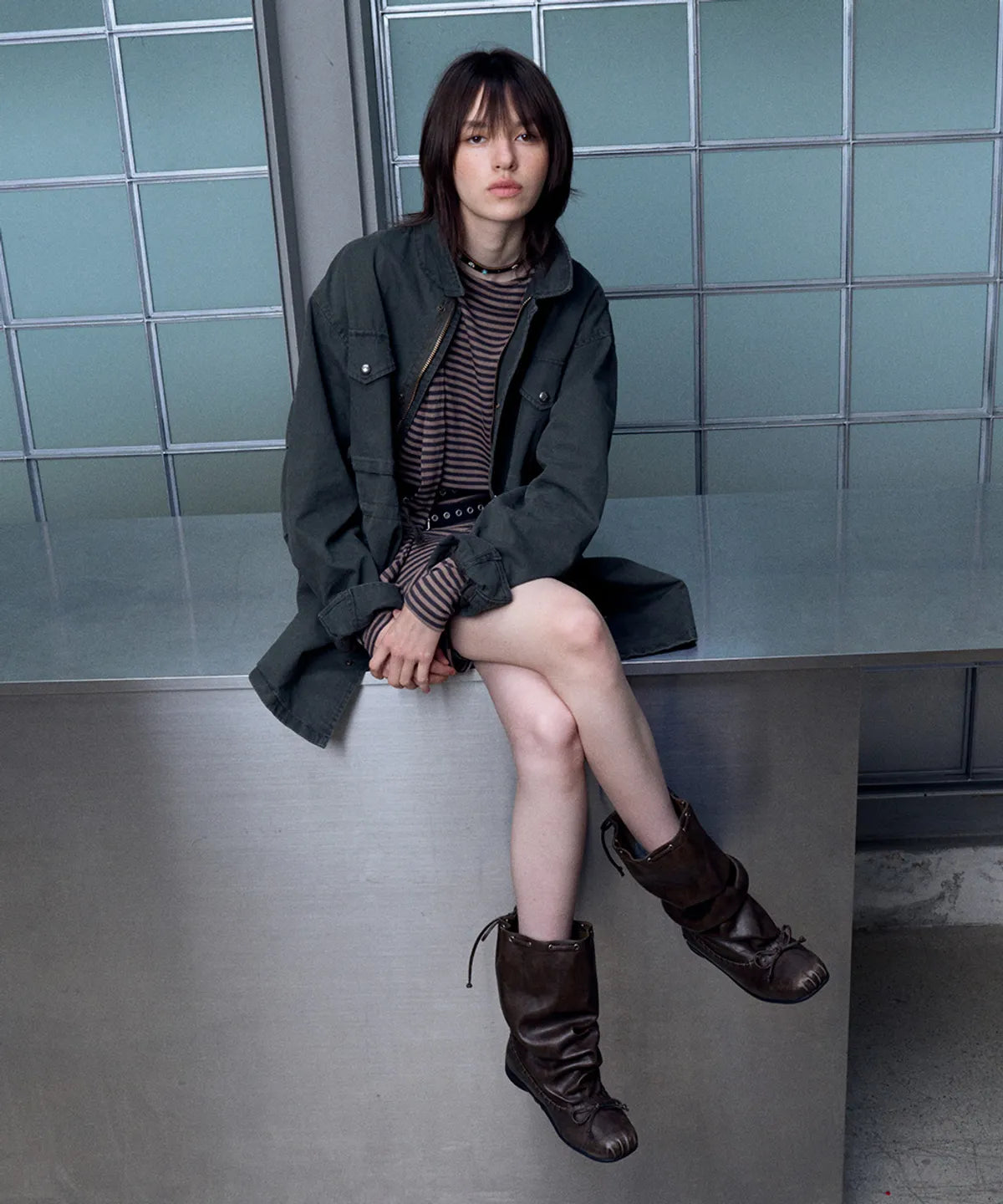 【KHIHO】RIVEL SLOUCHY MID BOOTS [ Black / Brown ]