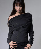 【Fancy Club】EYELET COWL ONE-SHOULDER TOP - 3 colors