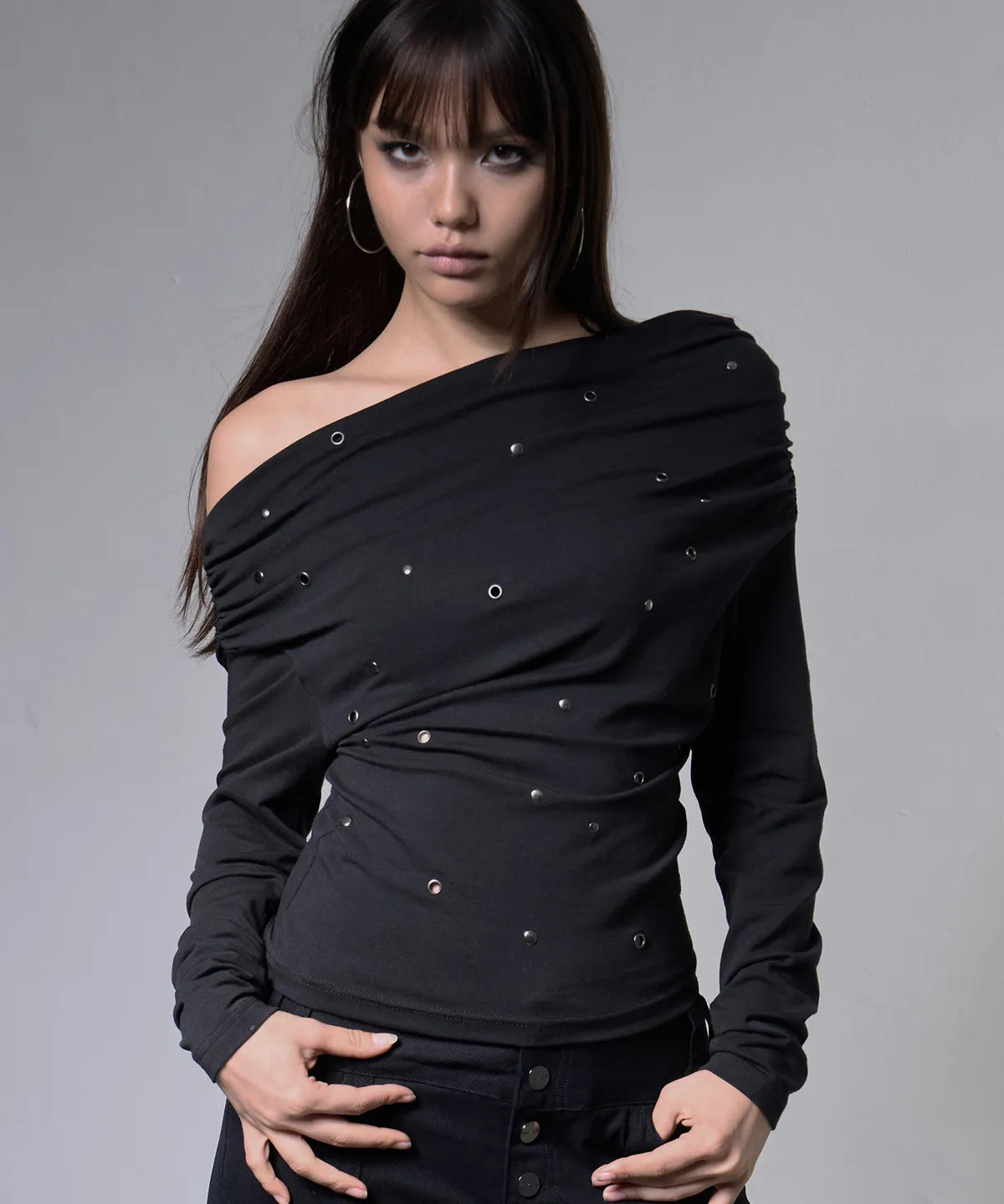 【Fancy Club】EYELET COWL ONE-SHOULDER TOP - 3 colors