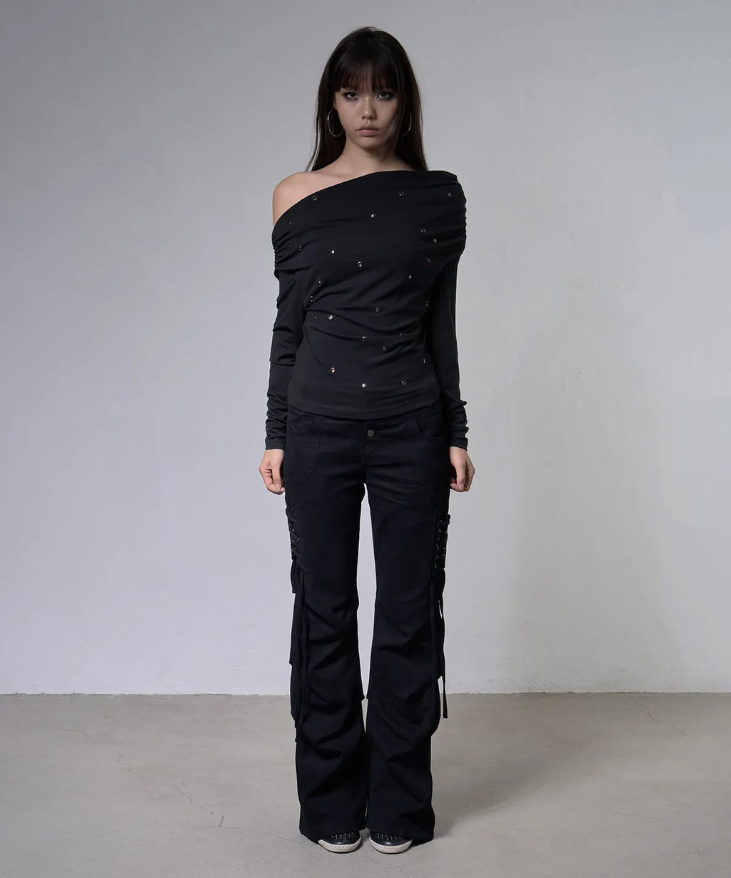 【Fancy Club】EYELET COWL ONE-SHOULDER TOP - 3 colors