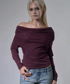 【Fancy Club】EYELET COWL ONE-SHOULDER TOP - 3 colors