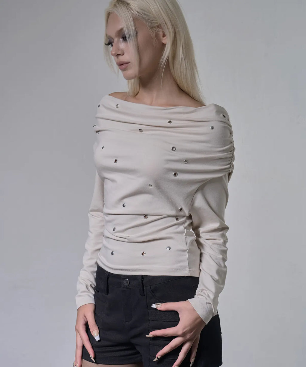 【Fancy Club】EYELET COWL ONE-SHOULDER TOP - 3 colors