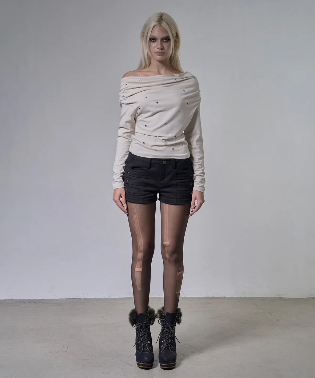 【Fancy Club】EYELET COWL ONE-SHOULDER TOP - 3 colors