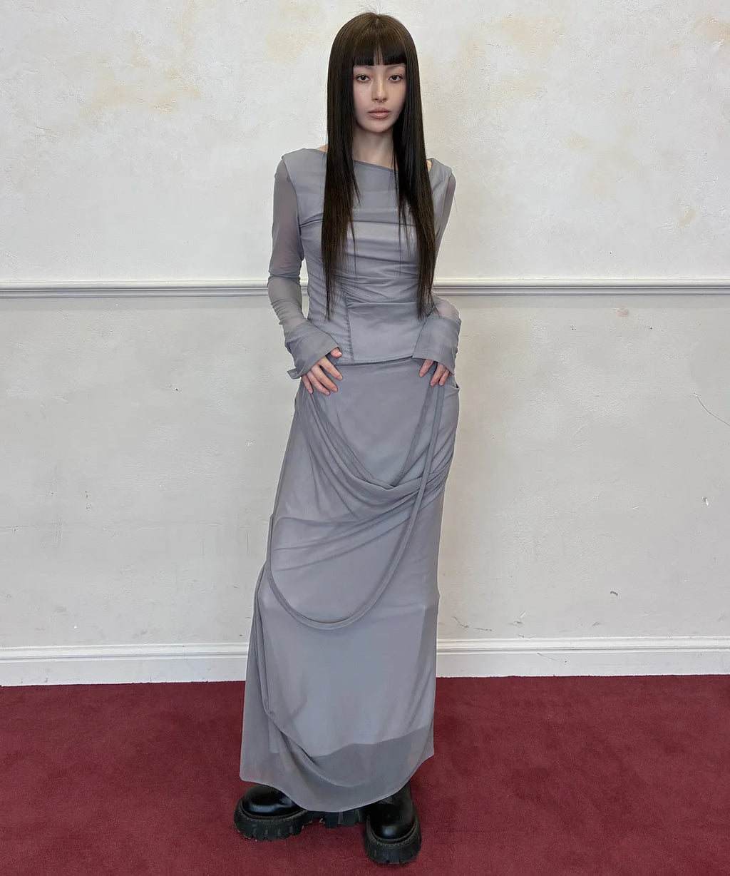 【Flare up】Draped Mesh Layered Long Sleeve  - 2 colors
