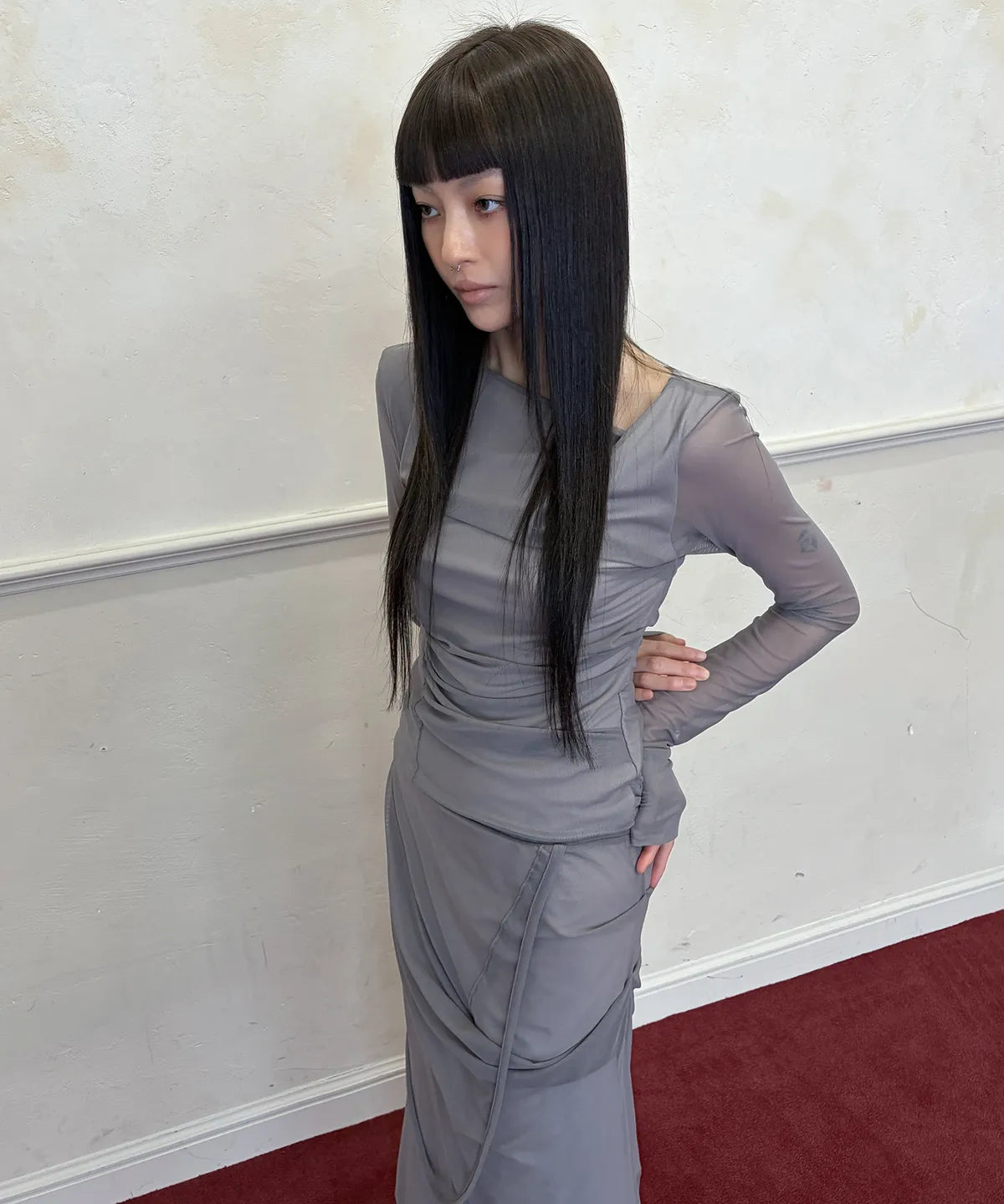 【Flare up】Draped Mesh Layered Long Sleeve  - 2 colors