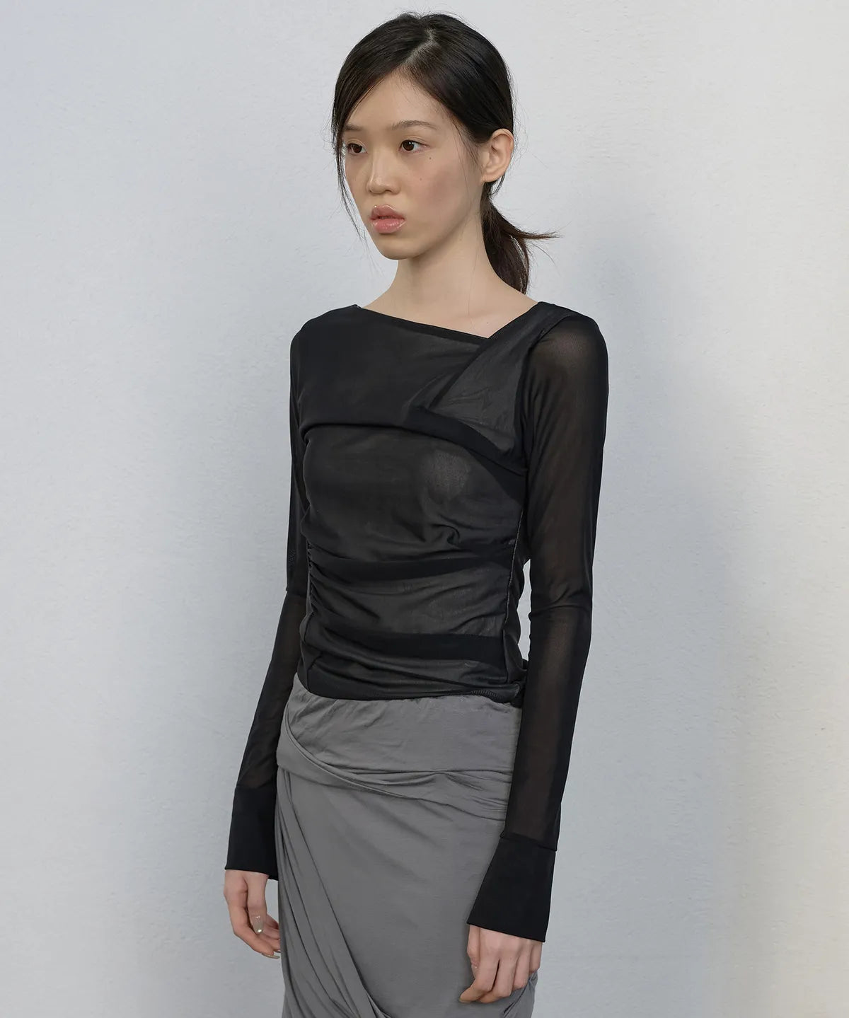 【Flare up】Draped Mesh Layered Long Sleeve  - 2 colors