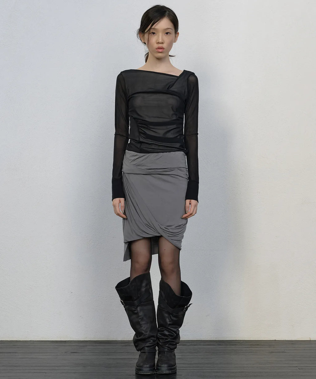 【Flare up】Draped Mesh Layered Long Sleeve  - 2 colors