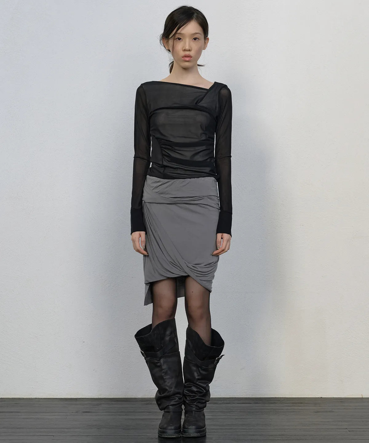 【Flare up】Draped Mesh Layered Long Sleeve  - 2 colors