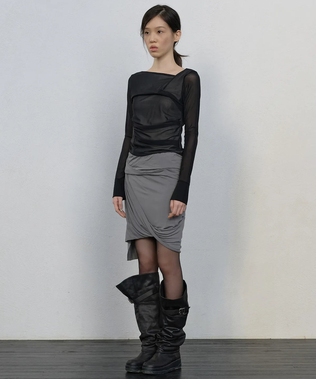 【Flare up】Draped Mesh Layered Long Sleeve  - 2 colors