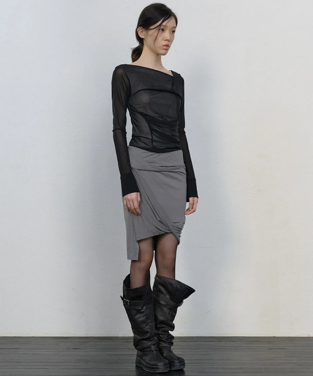 【Flare up】Draped Mesh Layered Long Sleeve  - 2 colors