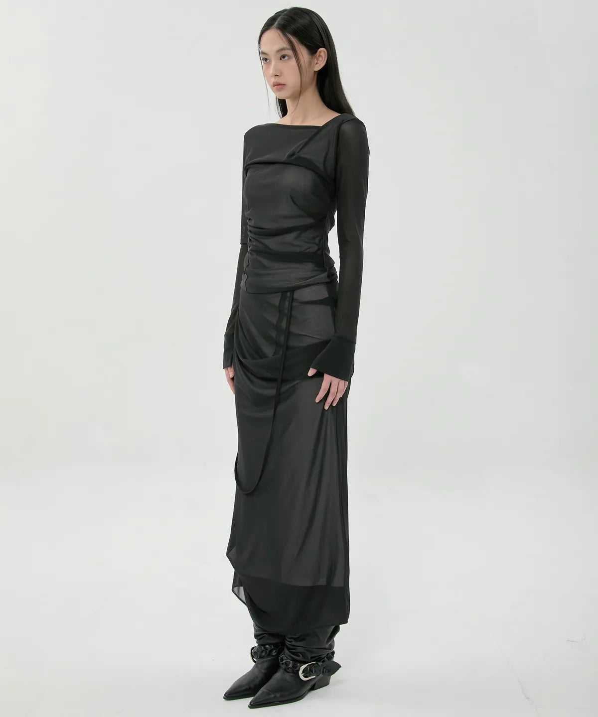 【Flare up】Draped Mesh Layered Long Sleeve  - 2 colors