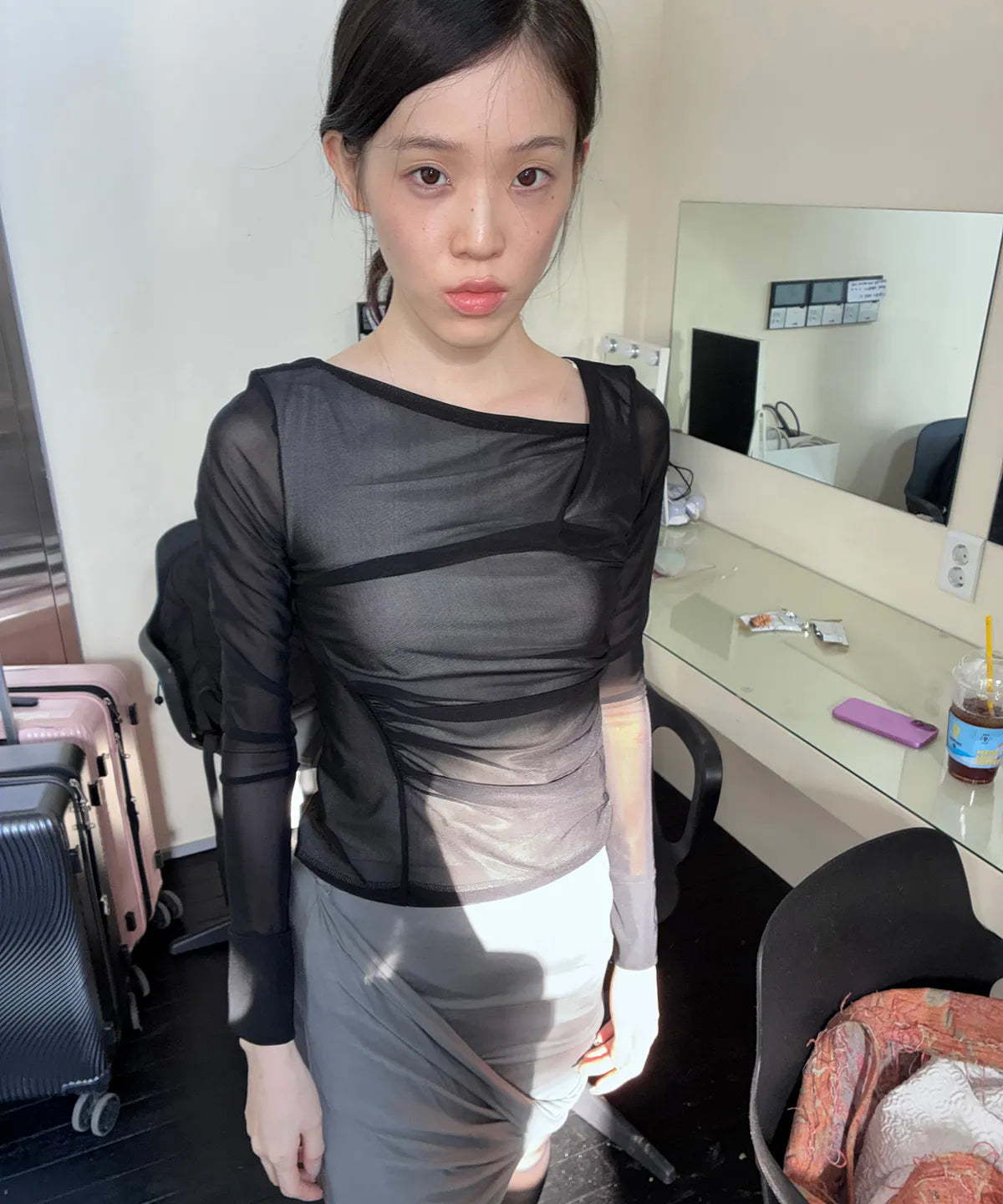 【Flare up】Draped Mesh Layered Long Sleeve  - 2 colors