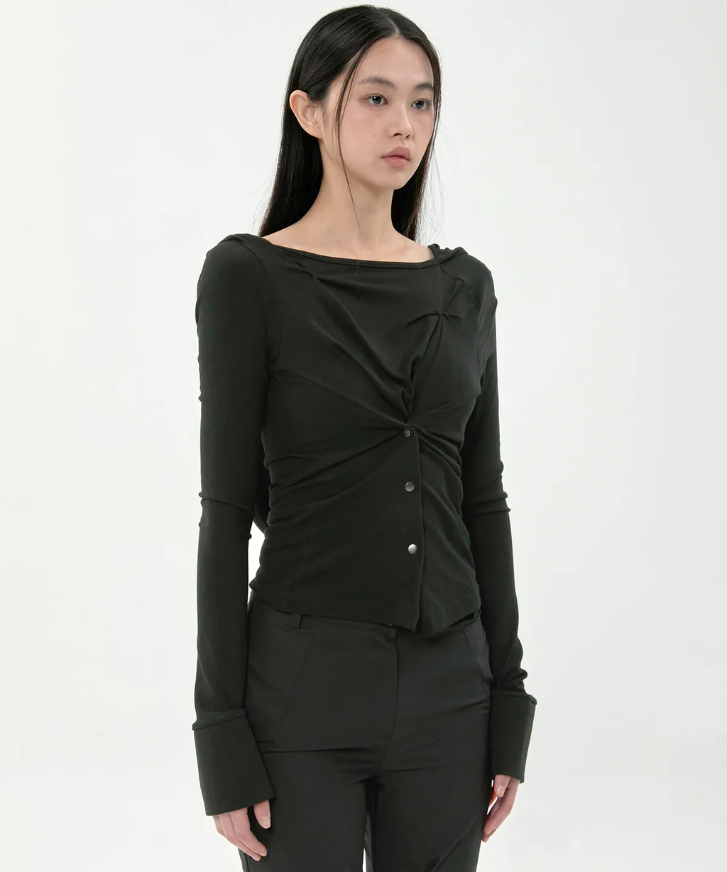 【Flare up】Asymmetrical Snap Long Sleeve Hoodie - 2 colors