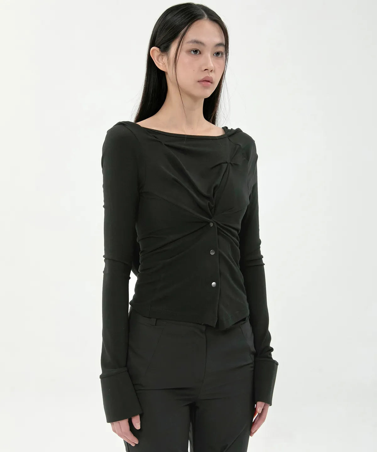 【Flare up】Asymmetrical Snap Long Sleeve Hoodie - 2 colors