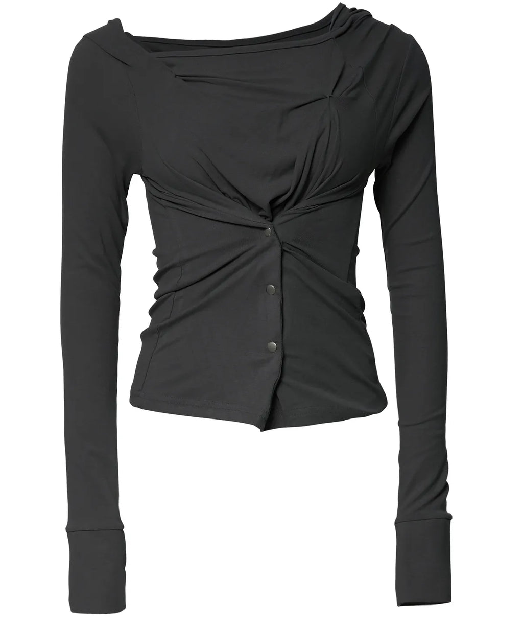 【Flare up】Asymmetrical Snap Long Sleeve Hoodie - 2 colors
