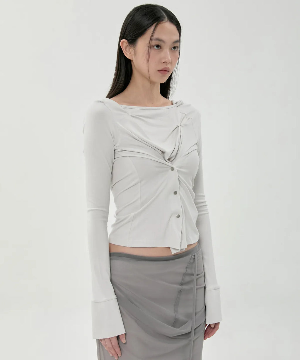 【Flare up】Asymmetrical Snap Long Sleeve Hoodie - 2 colors