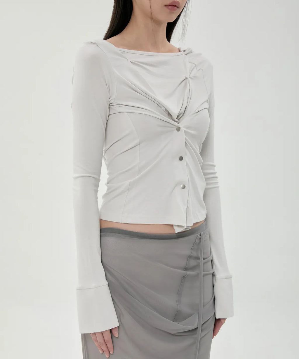 【Flare up】Asymmetrical Snap Long Sleeve Hoodie - 2 colors