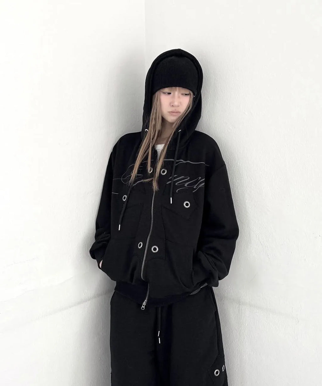 【Fancy Club】BIG CROSS EYELET HOODED ZIP-UP [Black]