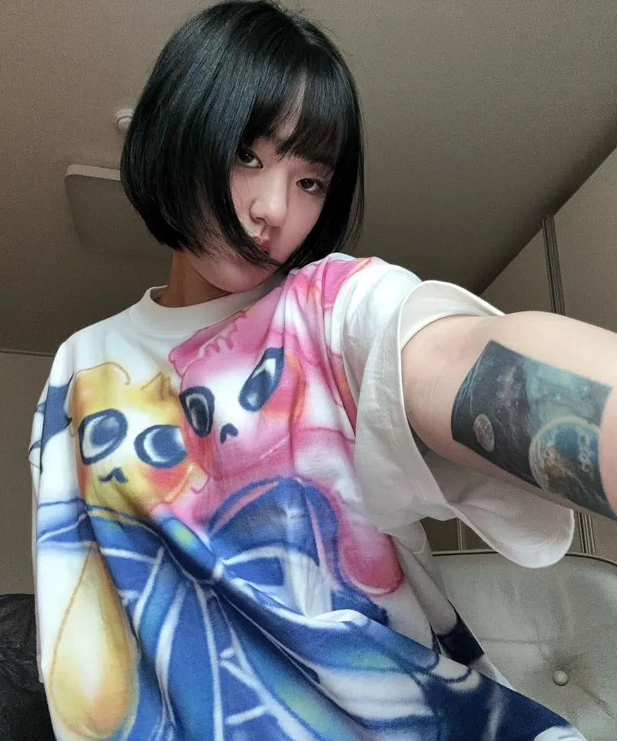 【niceghostclub】bunny bear art big big tee [white / skyblue]