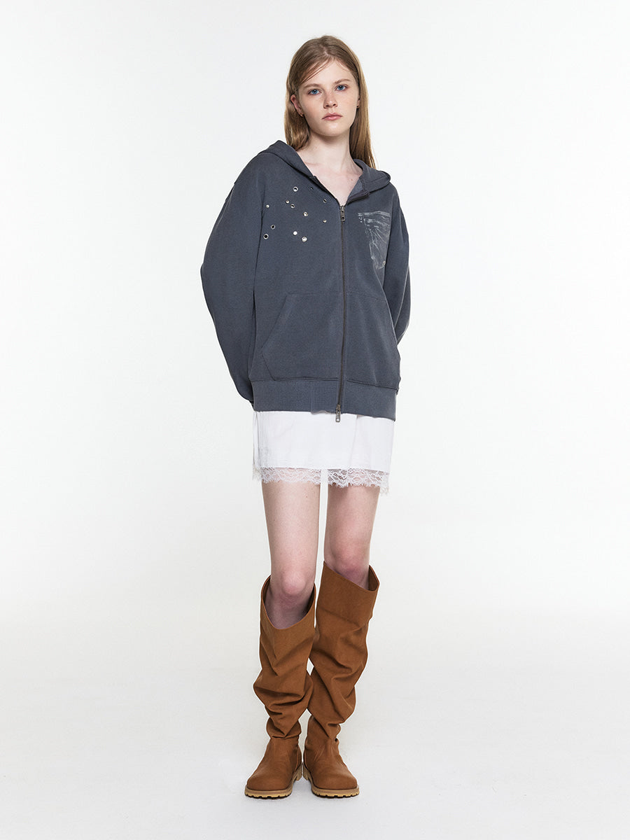 【3hreeto8ighty】EYELET POCKET HOODIE ZIP-UP - 2 colors