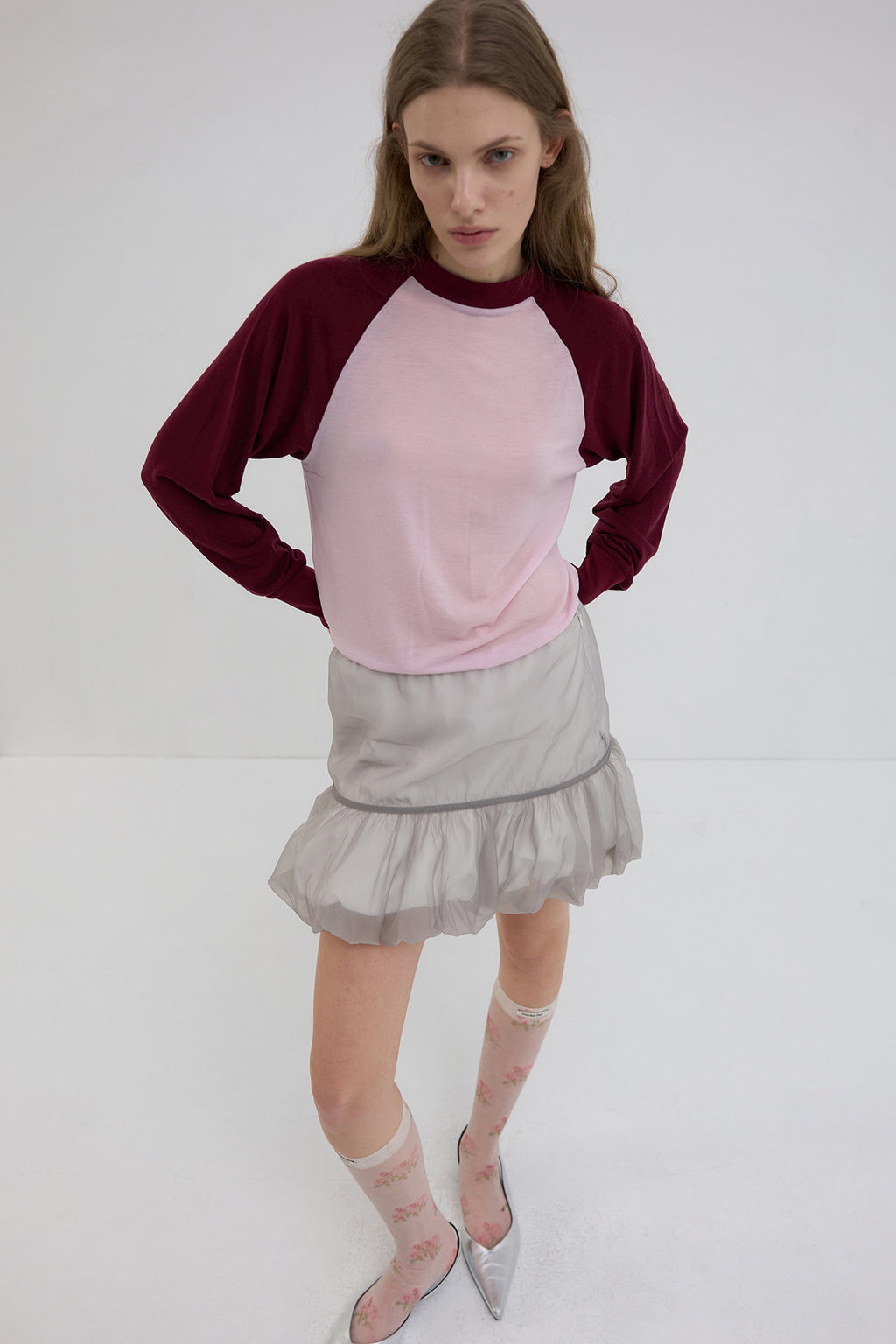 【overdue flair】ORGANZA LAYERED MINI SKIRT - GREY/WHITE
