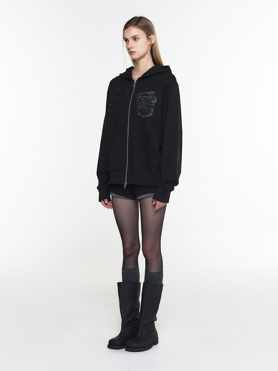 【3hreeto8ighty】EYELET POCKET HOODIE ZIP-UP - 2 colors