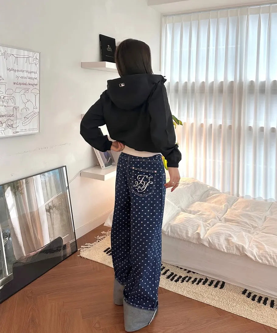 【Fancy Club】STRING DOT ROLL-UP PANTS [Black / Blue]