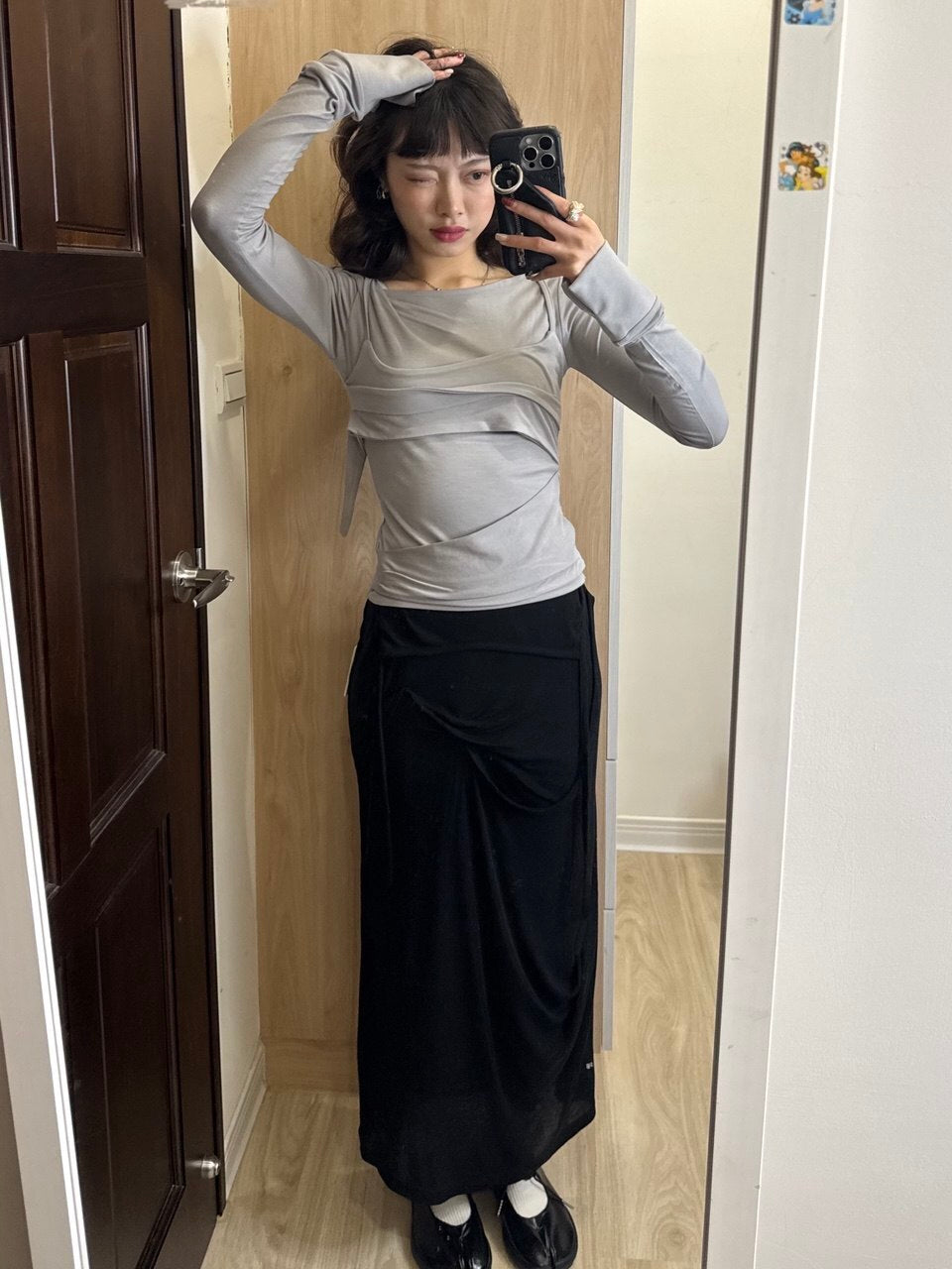【Flare up】Layered Bustier Long Sleeve [Black / Grey / Charcoal / White]