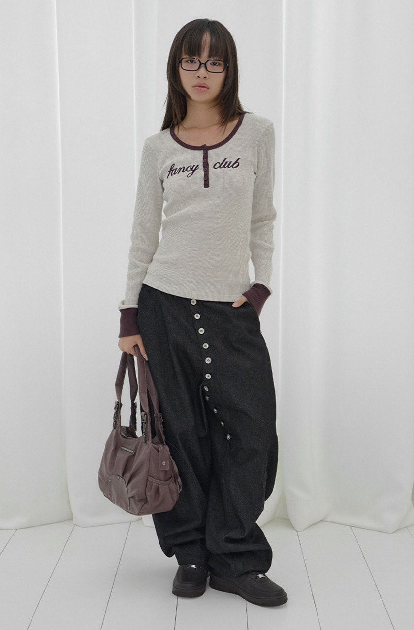 【Fancy Club】HENLEY NECK WAFFLE LONG SLEEVE [Beige / Gray]