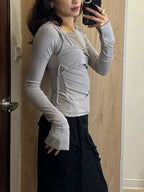 【Flare up】Layered Bustier Long Sleeve [Black / Grey / Charcoal / White]