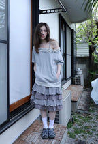 【Uglyshadow】 STRIPE FRILL OFF-SHOULDER [ GREY / NAVY ]