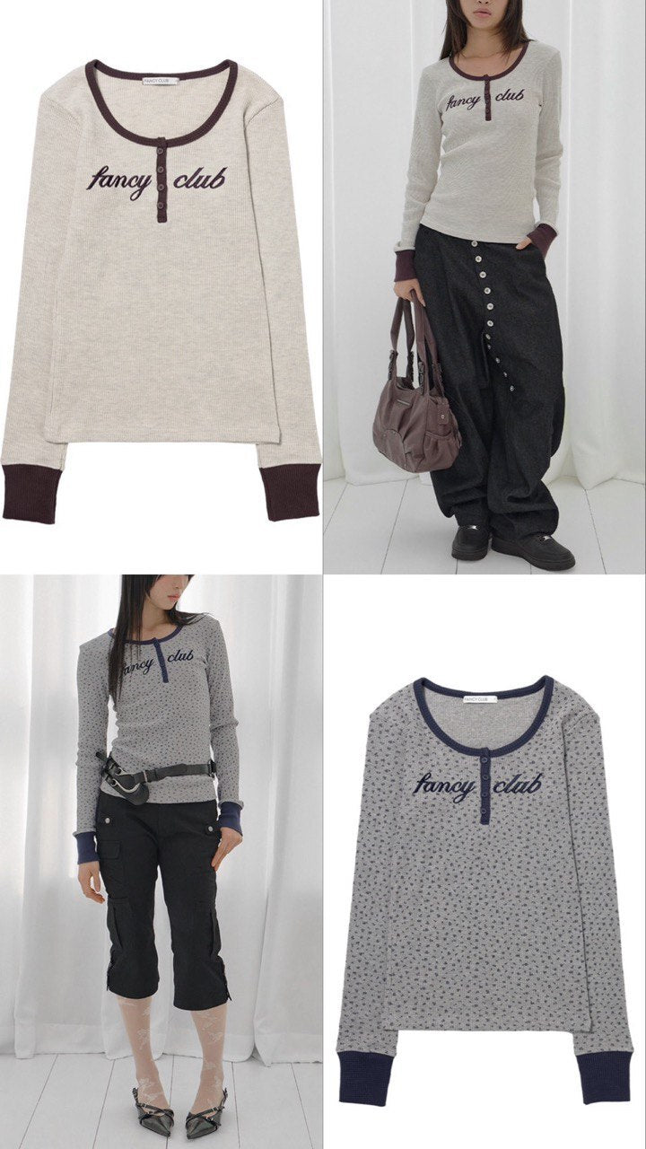 【Fancy Club】HENLEY NECK WAFFLE LONG SLEEVE [Beige / Gray]