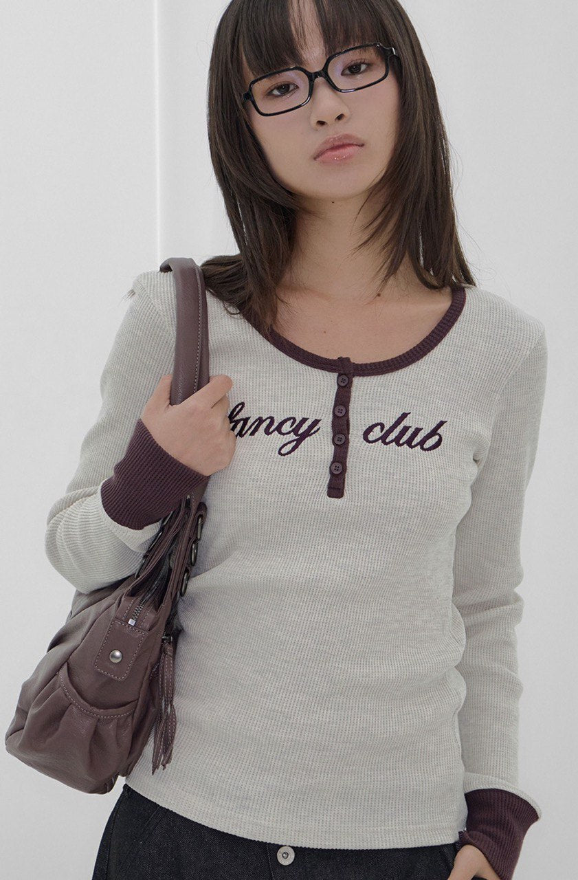 【Fancy Club】HENLEY NECK WAFFLE LONG SLEEVE [Beige / Gray]