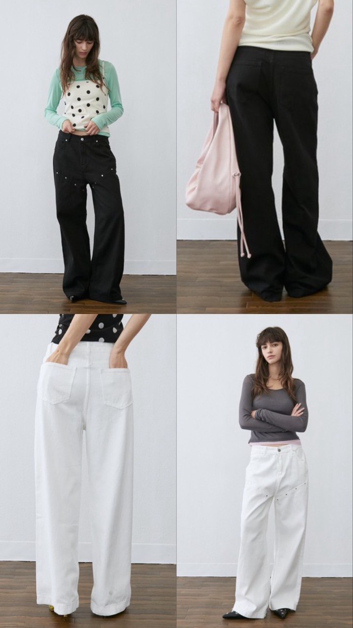 鉚釘線直筒牛仔褲  [White / Black]