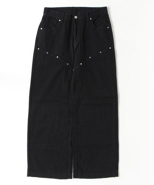 鉚釘線直筒牛仔褲  [White / Black]