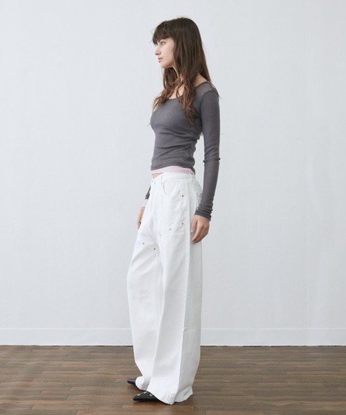 鉚釘線直筒牛仔褲  [White / Black]