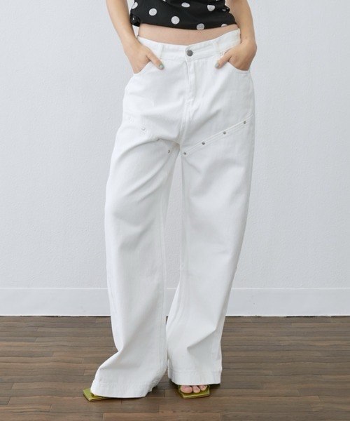 鉚釘線直筒牛仔褲  [White / Black]