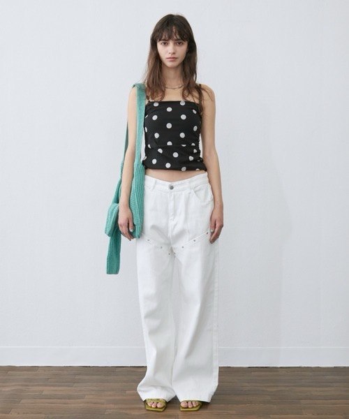 鉚釘線直筒牛仔褲  [White / Black]