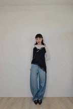 小性感蕾絲斜下擺背心