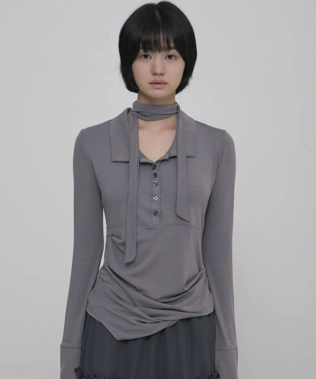 【Flare up】Asymmetrical Draped Shirt  [White / Black / Grey]
