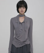 【Flare up】Asymmetrical Draped Shirt  [White / Black / Grey]